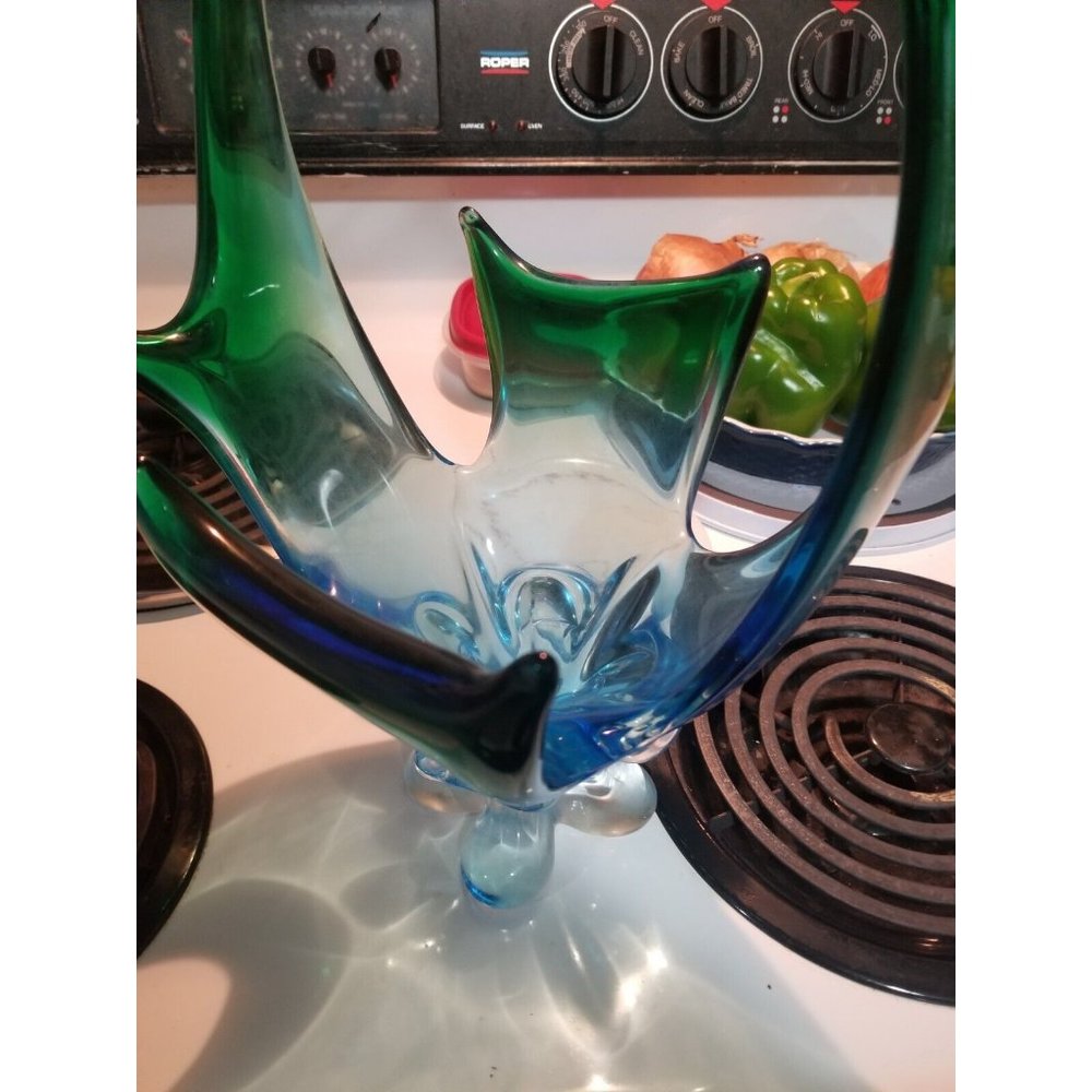 Stunner Lorraine cross-tip basket 17" Tall Blue Green Mid Century - Picture 3 of 10